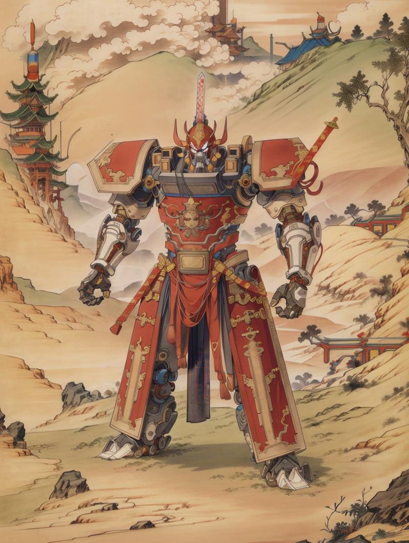 00766-852682115-best quality, master piece, 1 mecha ,  strong, red chinese armor, engineering map,drawing, weapon,sword, _lora_画风LoRA：小人书·连环画  X.png